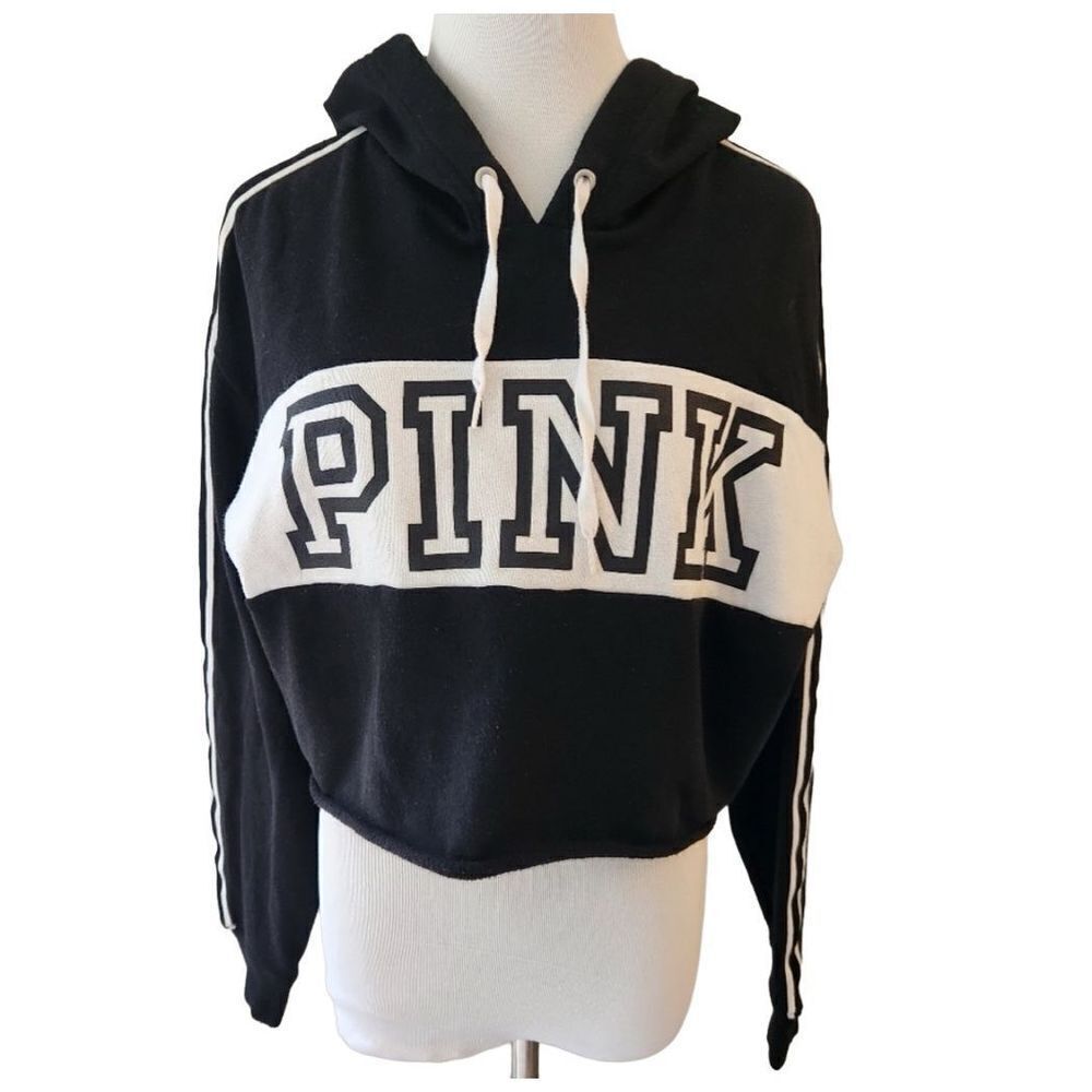 PINK Victoria's Secret Cropped Poll Over Hoodie Black White Medium